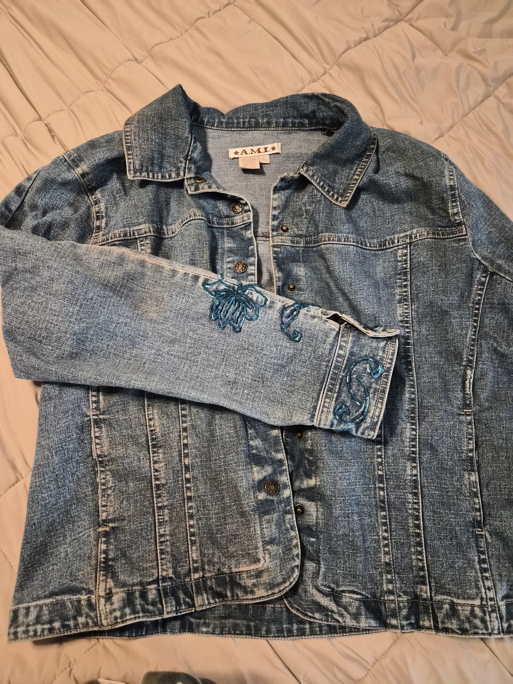 Ami Blue Denim Jacket with Teal Embroidery